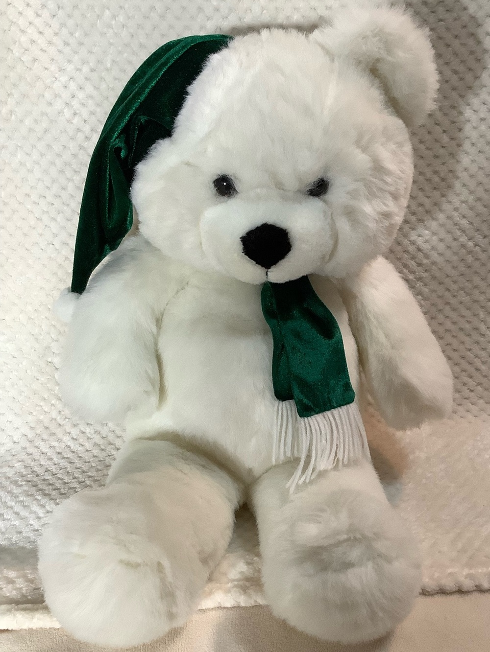 Large White Plush Holiday Teddy Bear with Green Scarf and Hat Stuffed Animal Toy